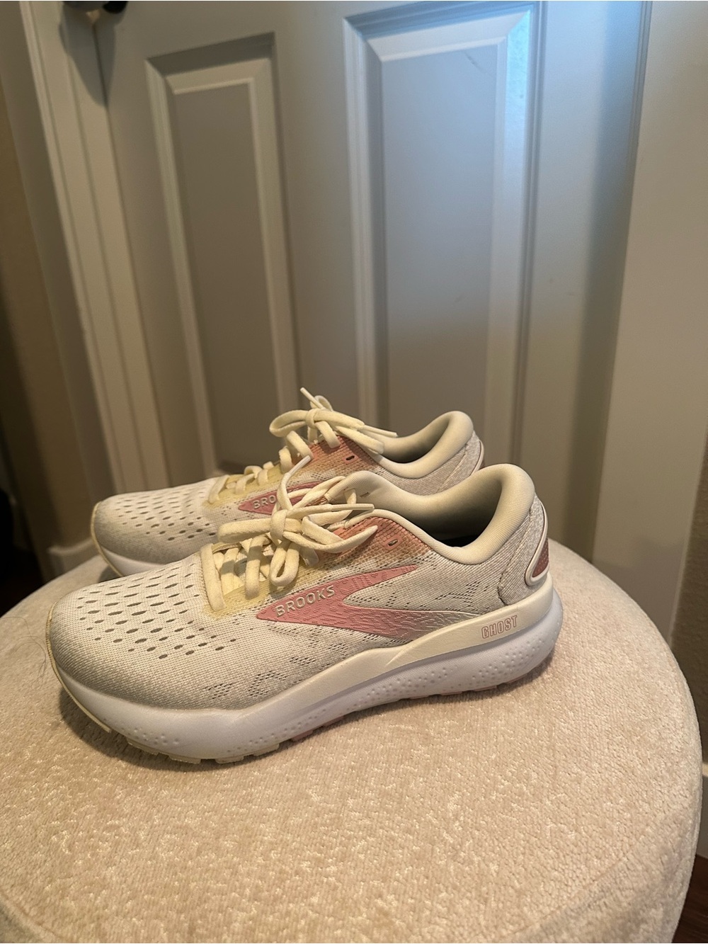 Brooks Women’s Cream Running Shoes with Pink Accent